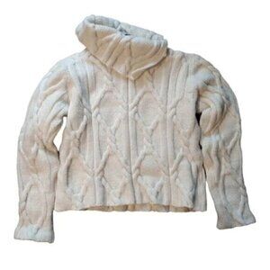 Paul James Made in England White 100% Wool Cowl Turtleneck Cable Knit Sweater D